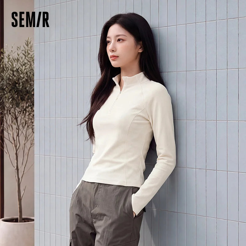 អាវយឺតប៉ាក់ Semir សម្រាប់នារី ពាក់កណ្ដាលមានហ្ស៊ីប ក កម្ដៅ ស្ដើងសម ដៃអាវ Raglan រចនាបន្ទះ 2026 សម្លៀកបំពាក់រដូវរងាថ្មីប្រចាំថ្ងៃ