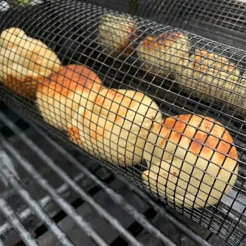 1pc Stainless Steel Grill.Roaster Rolling Cylinder Basket Portable Mesh Rotating BBQ Cage Oven Home Barbecue Picnic Accessories