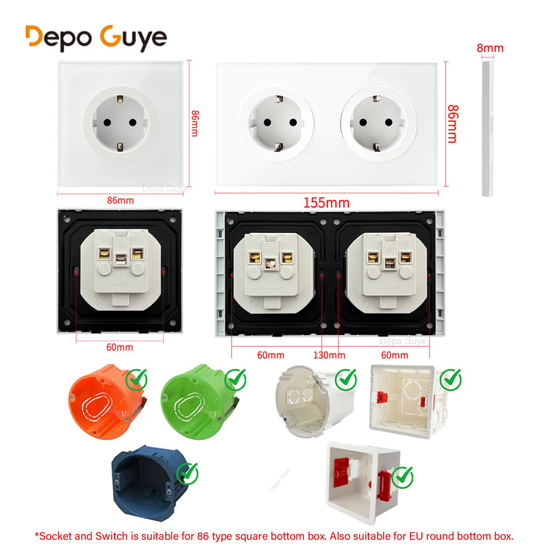 Wall Toggle Light Switch EU FR Standard White Glass Panel European Power Socket With Dual Type-c 20W Fast Charge Port Outlet