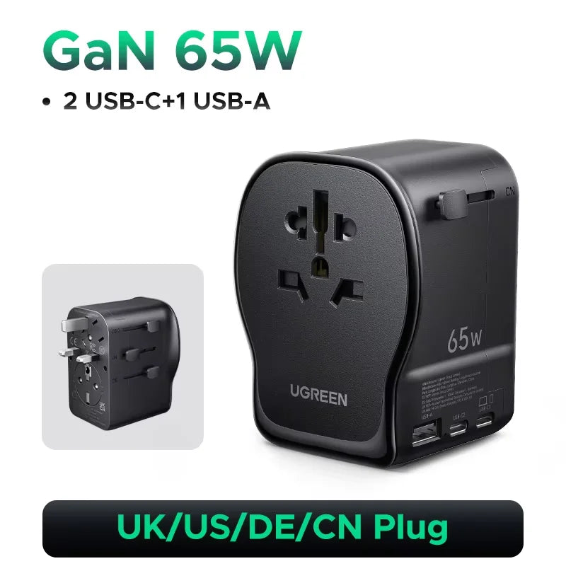 UGREEN 65W Universal Travel Adapter 2 USB-C 1 USB-A AC Socket GaN Charger Certified CE FCC UKCA TÜV For EU US UK Grounded Plug