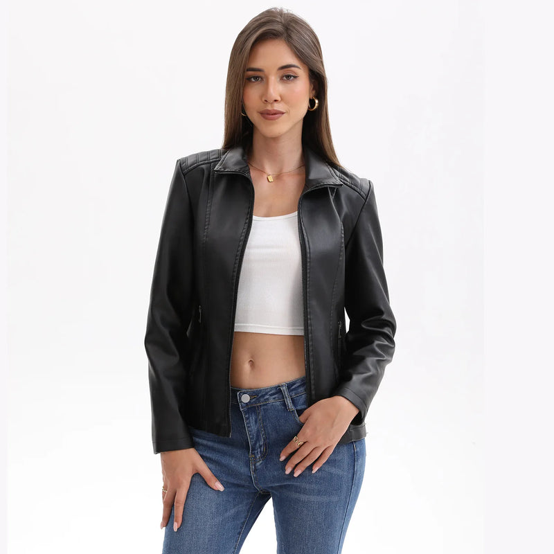 2026 Women’s Stylish Brown Faux Leather Jacket - Slim Fit, Trendy Moto Style with Zipper Detail PU Coat.