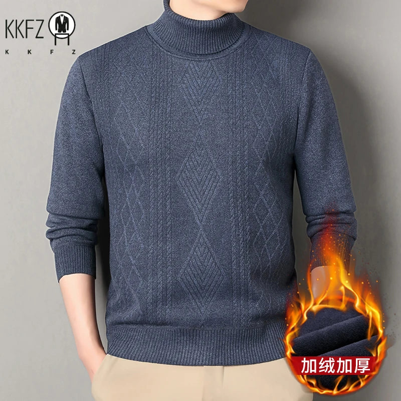 Three Dimensional Twist Weave Male Turtleneck Sweater Diamond Cable Allover Pattern Fleece Lined Rib Hem Pullover