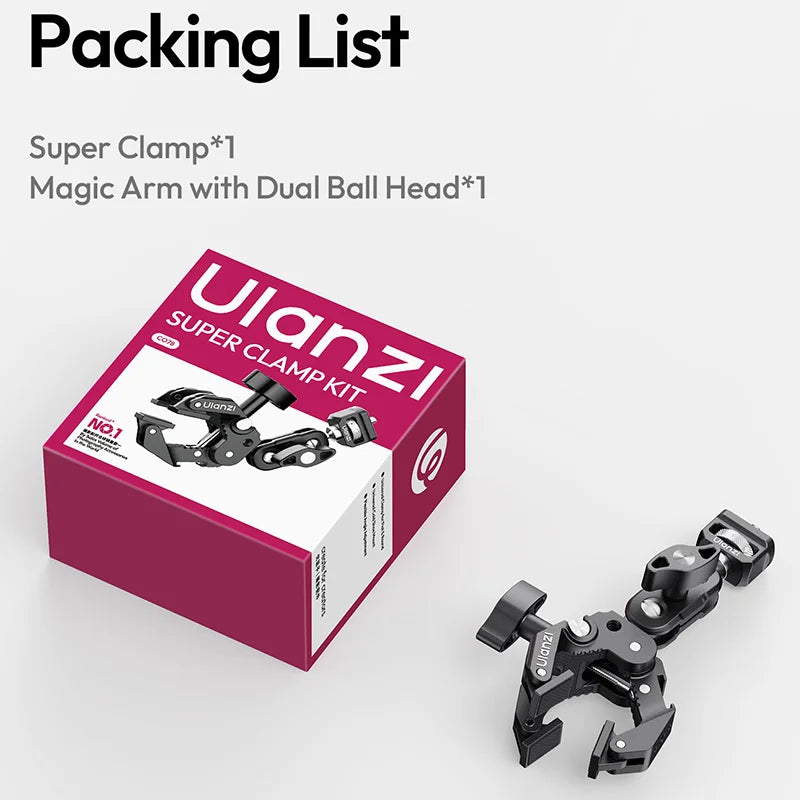 ឈុតដៃវេទមន្ត Ulanzi CO78 Super Clamp ជាមួយក្បាលបាល់ពីរ 360° 1/4 វីសសម្រាប់កាមេរ៉ា DSLR ថតរូបក្នុងស្ទូឌីយោ