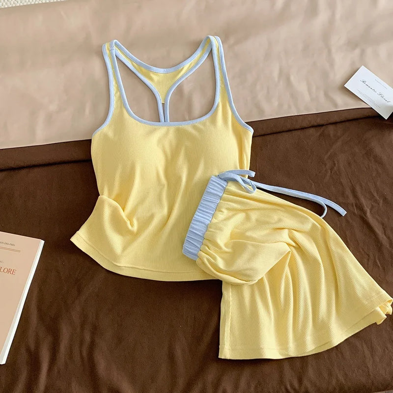 2 Piece Sleeveless Tops and Shorts Lounge Sets Chest Pad Women's Pajama Set Summer Home Clothing Pijama Sleepwear Suit Homewear