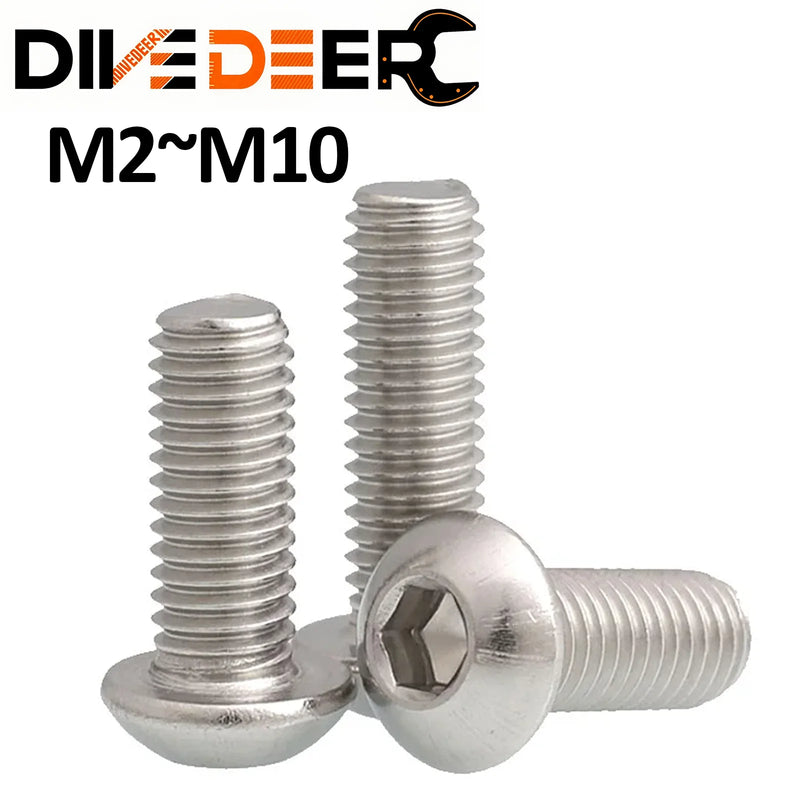 DIVEDEER Hex Hexagon Socket Button Head Cap Screw M2 M3 M4 M5 M6 M8 M10 Allen Bolts ISO7380 A2-70 Stainless Steel