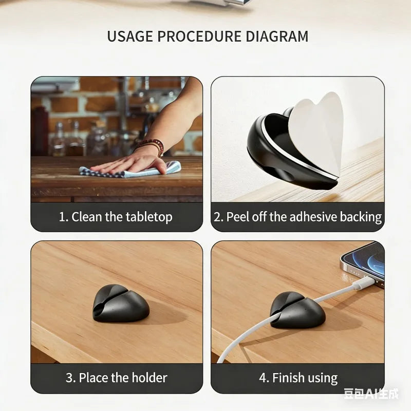 2PCS Self-Adhesive Heart-Shaped Cable Organizer,Phone Charging Line Holder,for Desks, Nightstands,Offices.3-hole design