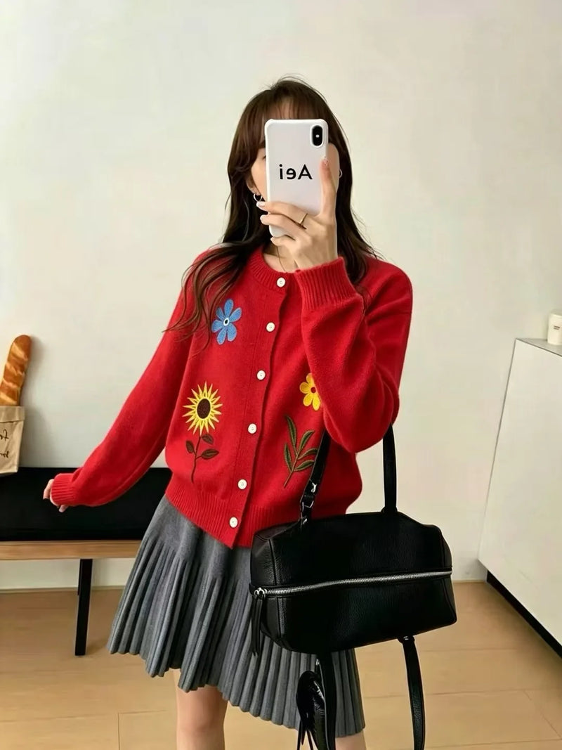 French Retro Embroidered Flower Knitted Cardigan Coat Spring Autumn New Versatile Sweater Women's Jacket Knitwear Clothing