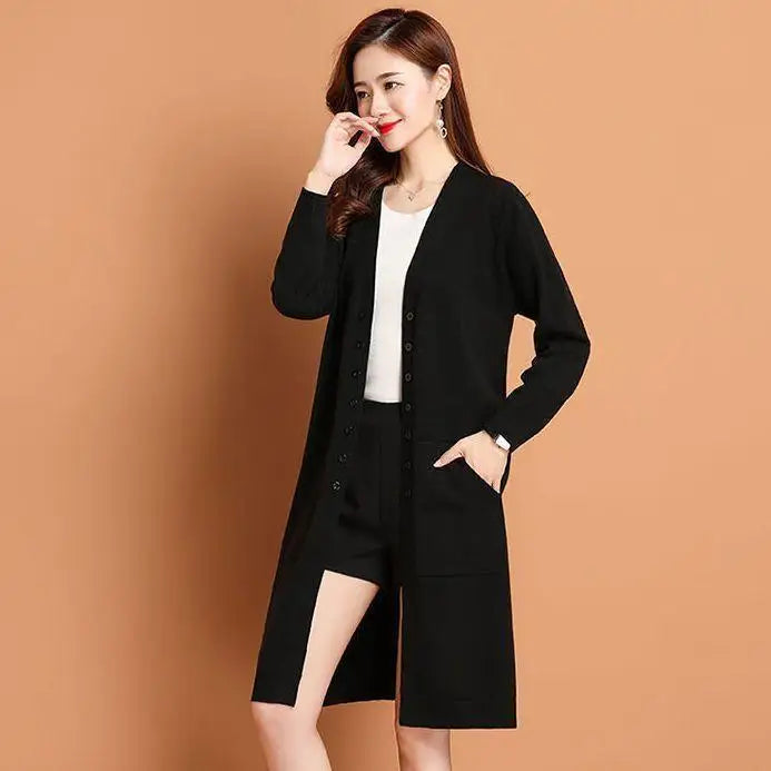 Long Cardigan For Women Buttons Loose Sweater Jacket Knitwear Woolen Coat Temperament Spring Autumn Female Knit Jumper Pocket