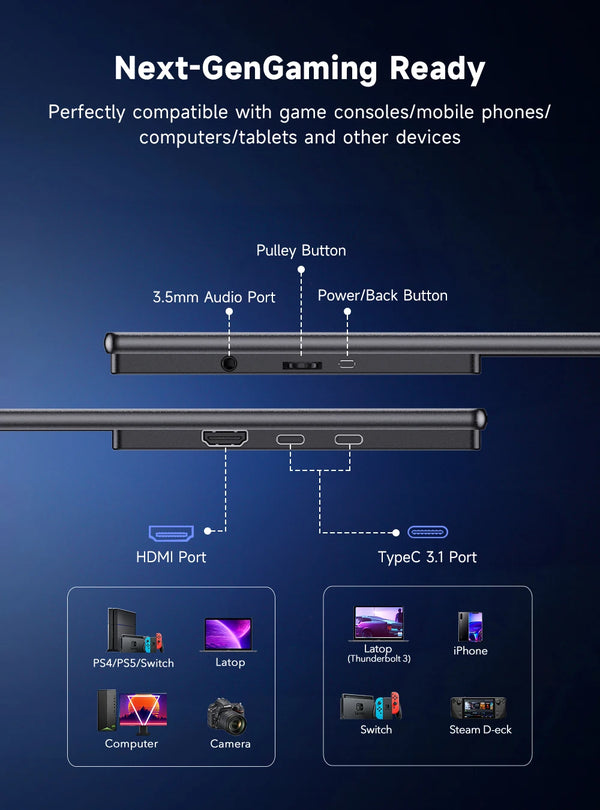 ម៉ូនីទ័រចល័ត UPERFECT ទំហំ 23.8 អ៊ីញ 180Hz 2K អេក្រង់លេងហ្គេម ជាមួយអេក្រង់ VESA IPS HDMI ប្រភេទ C សម្រាប់កុំព្យូទ័រ PS4 PS5 Switch Xbox Steam Decks