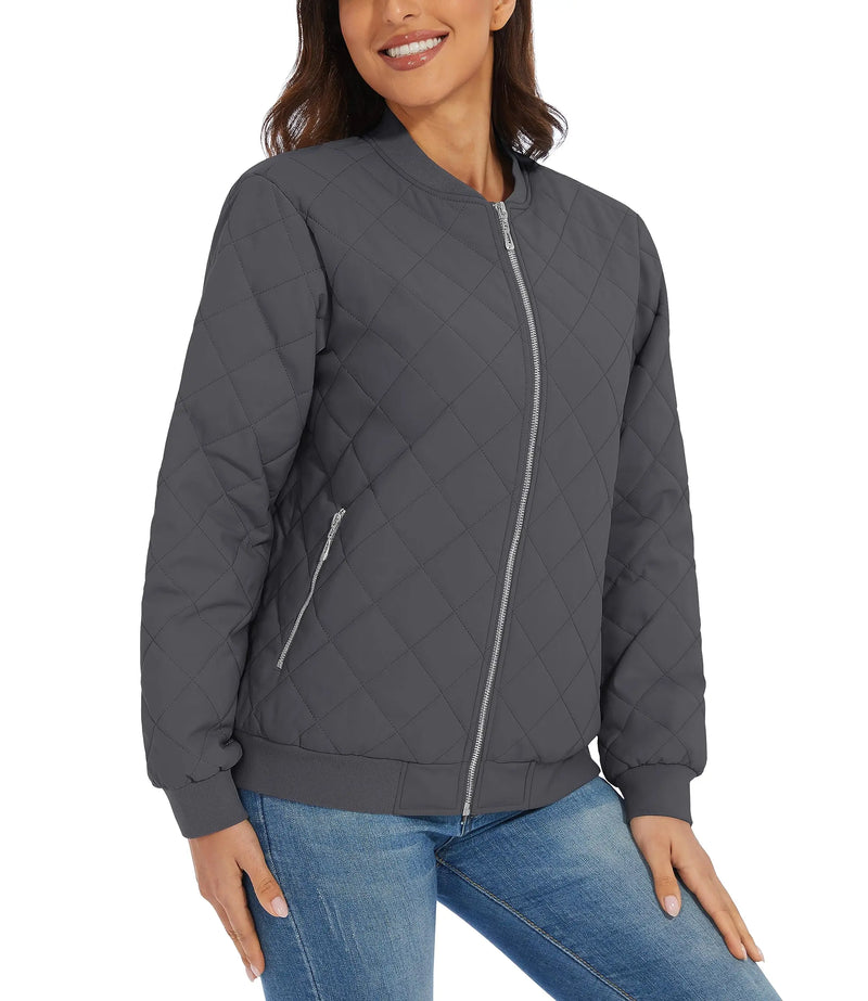 TACVASEN Women Casual Warm Diamond Quilted Jackets Jackets Full Zip Padded Classic Biker Jacket Winter Coats Streetwear Outwear
