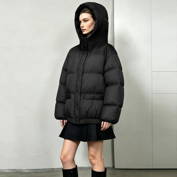 Amii Women's Winter Down Jacket Stand Collar Embossed Hooded Elastic Hem 2026 New White Duck Down Jacket Loose Warm Top 12644027