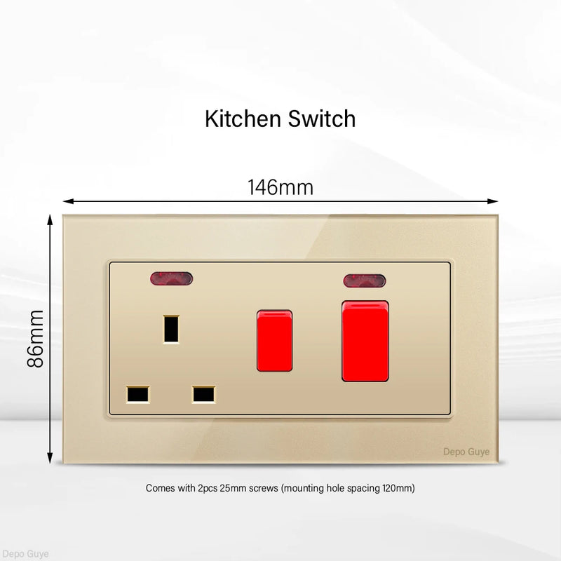 Gold UK 13A Tempered Glass Dual Socket,Universal Power Outlet With USB Type C 18W Quick Charge,Home Light Electric Switch Panel