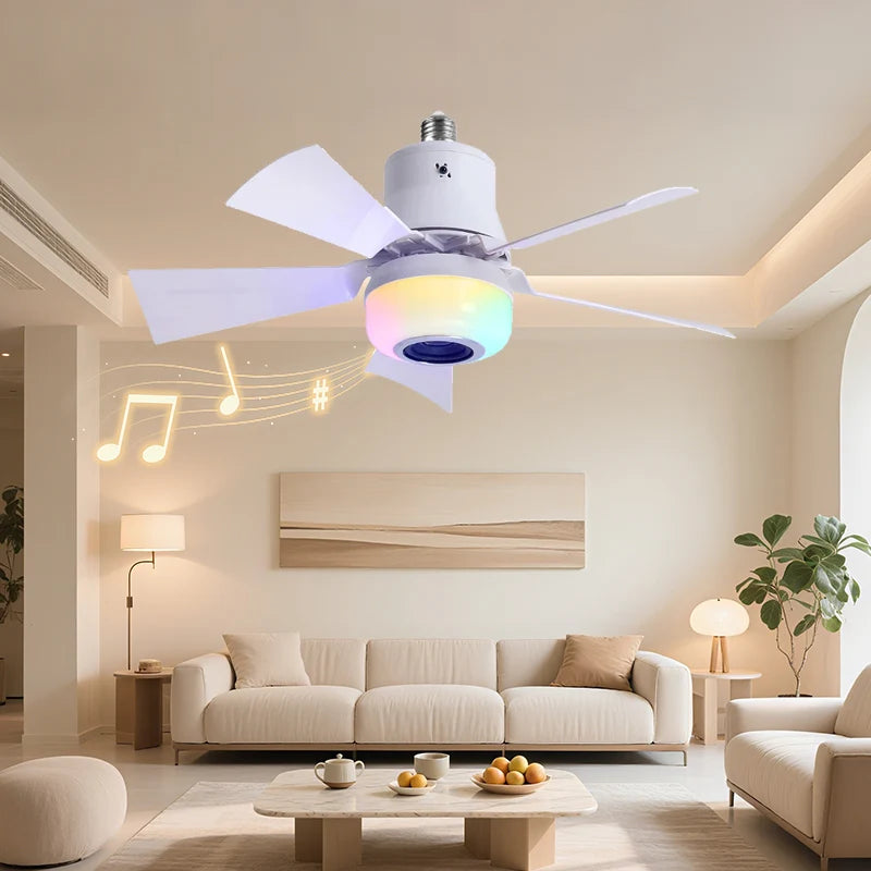 4 in 1 RGB Intelligent E27 Ceiling Fan Light 3-Speed Remote Control 5-Speed Fan with Speaker Dimming Mode for Bar Home Party