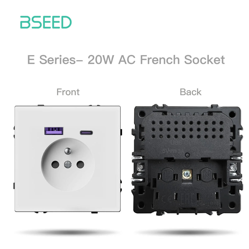 BSEED French Standard Wall Power Socket Electrical Outlets 20W USB Type-C Fast Charge Port Socket White Black Plastic Frame 16A