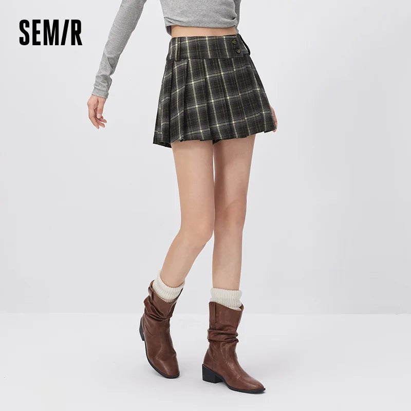 Semir Women Mini Skirt Plaid Asymmetric Pleated Campus Style Sweet Cool Autumn Bottoms Essential Daily Wear 2026