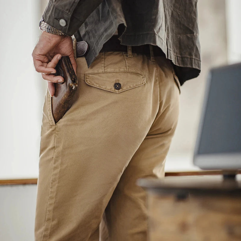 ខោ Maden Vintage Heavyweight Khaki Casual Pants Twill Cotton Straight Pants សម្រាប់សម្លៀកបំពាក់ការងាររដូវស្លឹកឈើជ្រុះរបស់បុរស ខោ Classic Zip Fly Pants