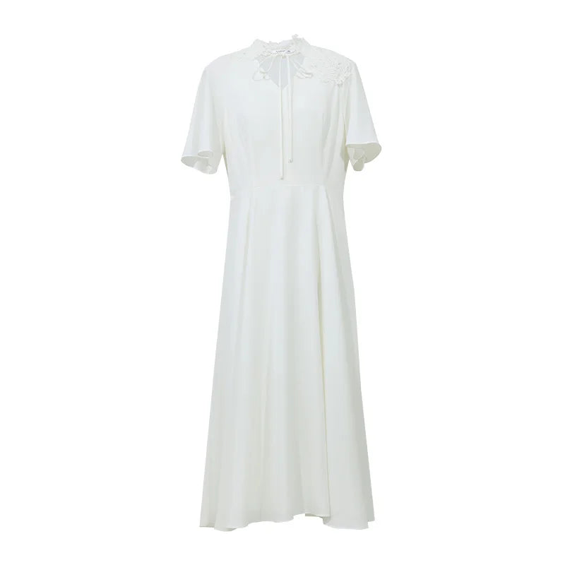 Amii Womens Dresses 2026 Summer New V-Neck Short Sleeve Chiffon Midi Dress Holiday Casual Lace Patchwork Woman Clothes 12622143