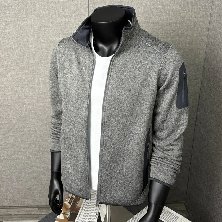 Outdoor Thermal Jacket - 3D Tailored Knit Cardigan with Fleece-Lined Windproof Stand Collar, Reversible Dual-Purpose Wear