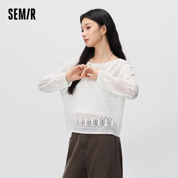 អាវយឺត Semir សម្រាប់នារី ខ្លី ពណ៌ស រលុង ប៉ាក់ពីរដុំ ឆើតឆាយ ធម្មតា ស្លៀកពាក់តាមដងផ្លូវ រដូវស្លឹកឈើជ្រុះ ឆ្នាំ២០២៦