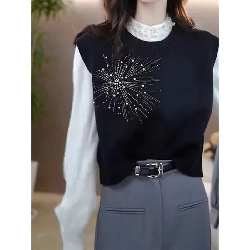 Bead Heavy Industry Crew Neck Outer Wear Vest Stacked Knitted Sweater Casual Chic Top Women's Jacket Cardigan Female Waistcoat