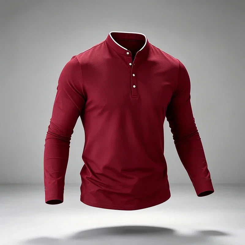 Slim Cut Stand Collar Long Sleeve Polo For Males Button Placket Neck Trim Detail Soft Fabric Business Streetwear Apparel