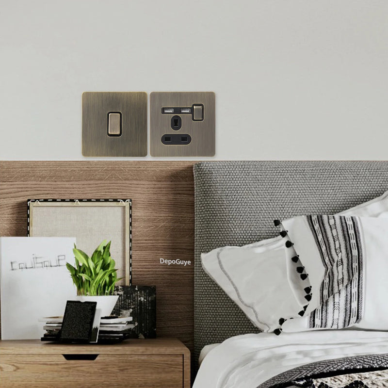 Retro Metal Brushed Antique Stainless Steel Push Button Switch Panel UK 13A Socket with USB Phone Charging for Home Improvement