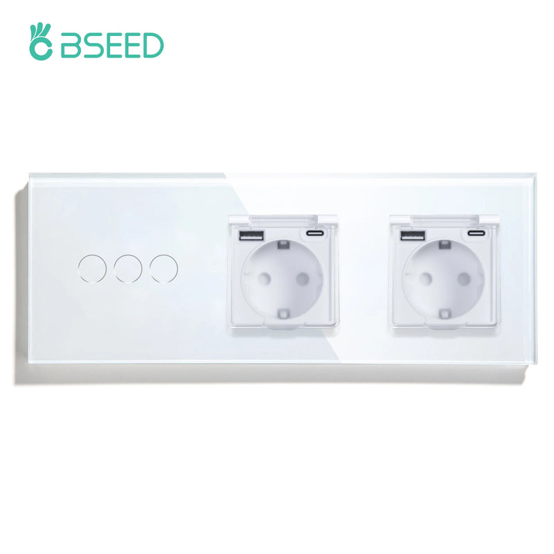 BSEED Touch Light Switch 1/2/3Gang 1Way EU Socket With Cover Glass Panel 300W Power Led Switches Waterproof USB Type-C Socket