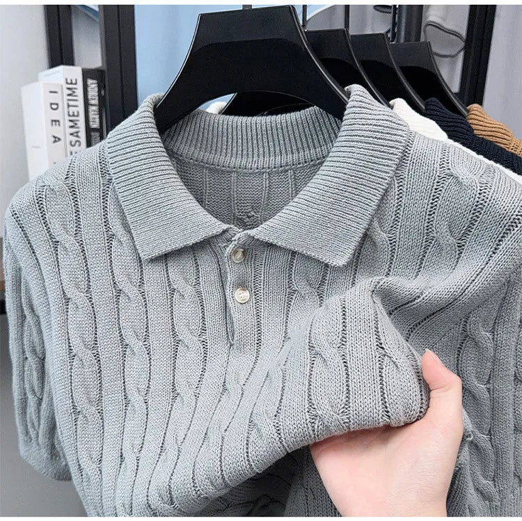 Men's Vintage Cable Knit Short Sleeve Polo Sweater 100% Cotton Retro Turn-down Collar Casual Pullover