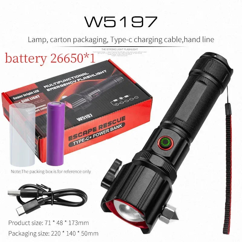 ពិល LED ពង្រីកថាមពលខ្ពស់ជាមួយការសាកថ្ម USB COB Safety Hammer ពហុមុខងារ ពិលឡាស៊ែរពណ៌សអាលុយមីញ៉ូមធន់នឹងទឹក