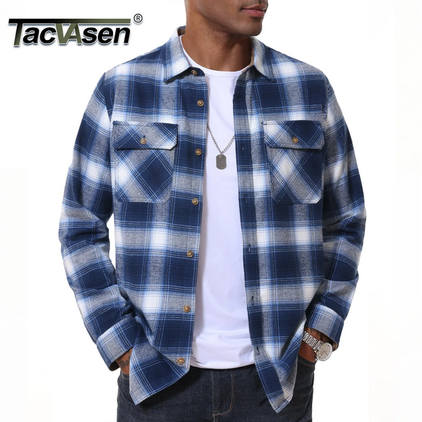 TACVASEN Casual Cotton Plaid Flannel Shirts Mens Button Up Long Sleeve Shirts 2 Chest Pocket Shirt Jacket Lightweight Coat Male
