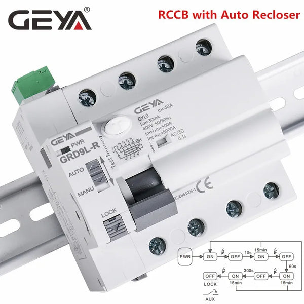 ឧបករណ៍បំបែកសៀគ្វី GEYA GRD9L-R RCCB ឧបករណ៍បិទដោយស្វ័យប្រវត្តិ 2P 40A 30mA 100mA 300mA RCD ឧបករណ៍បំបែកសៀគ្វីឆ្លាតវៃ ប្រភេទ AC