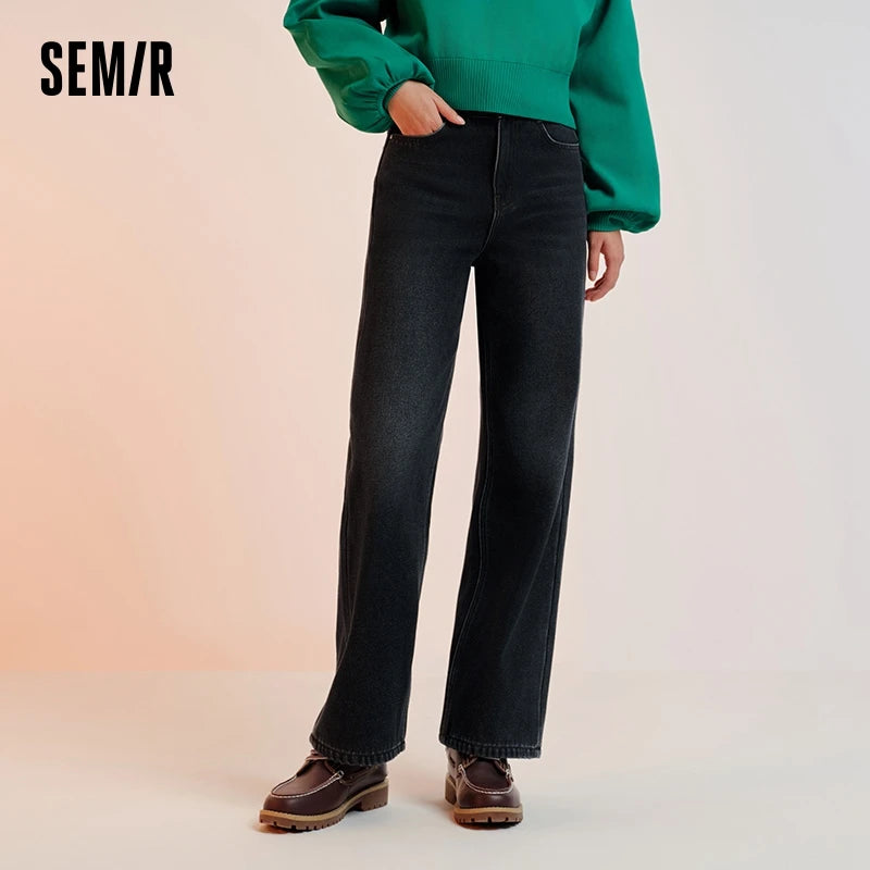 Semir Wide Leg Jeans Loose Fit Fleece Lined Women 2025 Winter Retro Style Casual Fashion Long Denim Comfortable Pants