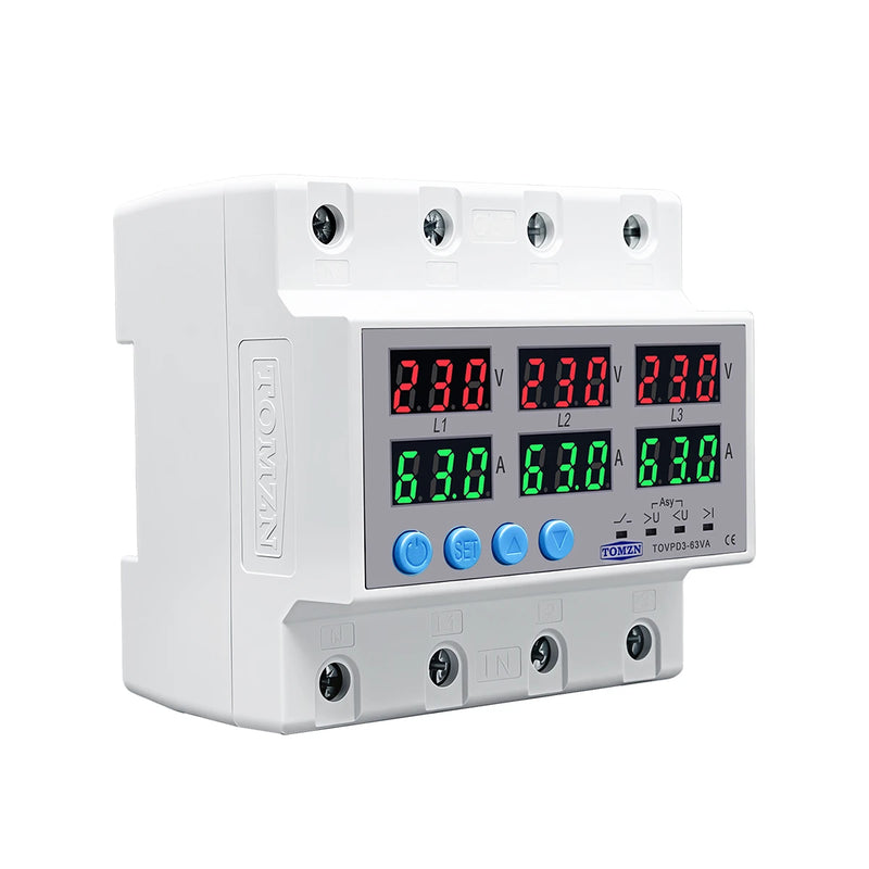 TOMZN 3Phase 3P+N Din Rail Voltmeter Ammeter Adjustable Over and Under Voltage Current Limit Protection Monitor Relays Protector