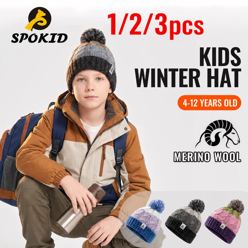 WRELS Merino Wool Knitted Hat Thick Warm Skull Cap Windproof Ear Protection Boys Girls Kids Winter Hiking Outdoor Skiing  Beanie