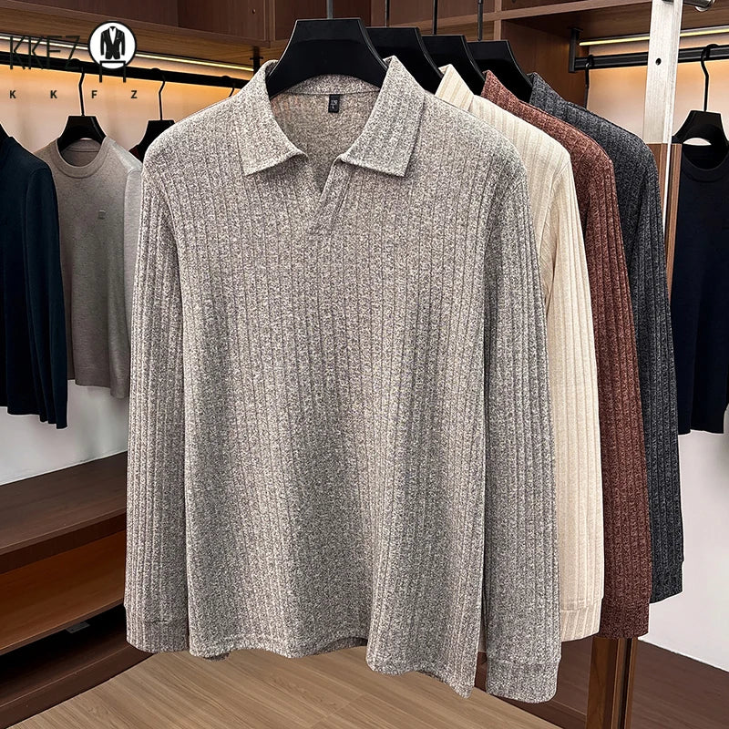 Spring Fall Men Lapel Knitted Pullover Polo Long Sleeve Vertical Ribbed Soft Light Business Daily Wear Tops