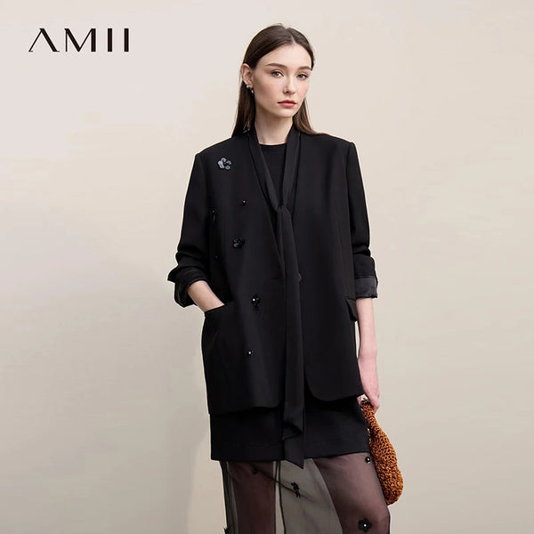 អាវធំនារី Amii រដូវស្លឹកឈើជ្រុះឆ្នាំ ២០២៦ ថ្មីឆើតឆាយសម្រាប់ធ្វើដំណើរទៅធ្វើការ អង្កាំផ្កា chiffon streamer tie blazers អាវក V រលុង 12641078