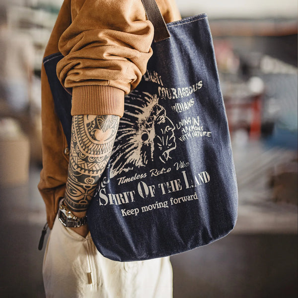 កាបូប Maden Vintage Denim Tote ជាមួយនឹងលំនាំឥណ្ឌា សមត្ថភាពធំ កាបូបស្ពាយតែមួយសម្រាប់ធ្វើដំណើរសម្រាប់បុរស និងស្ត្រី