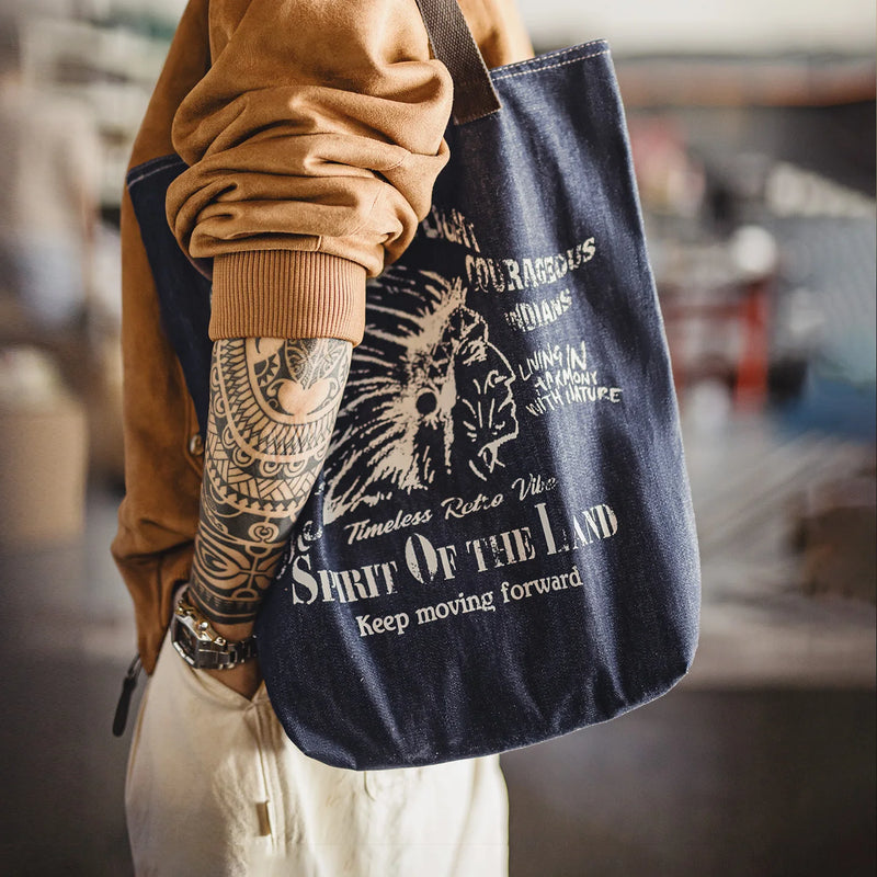 Maden Vintage Denim Tote Bag with Indian Pattern Large Capacity Single Shoulder Bags Commuter Handbag for Men and Women