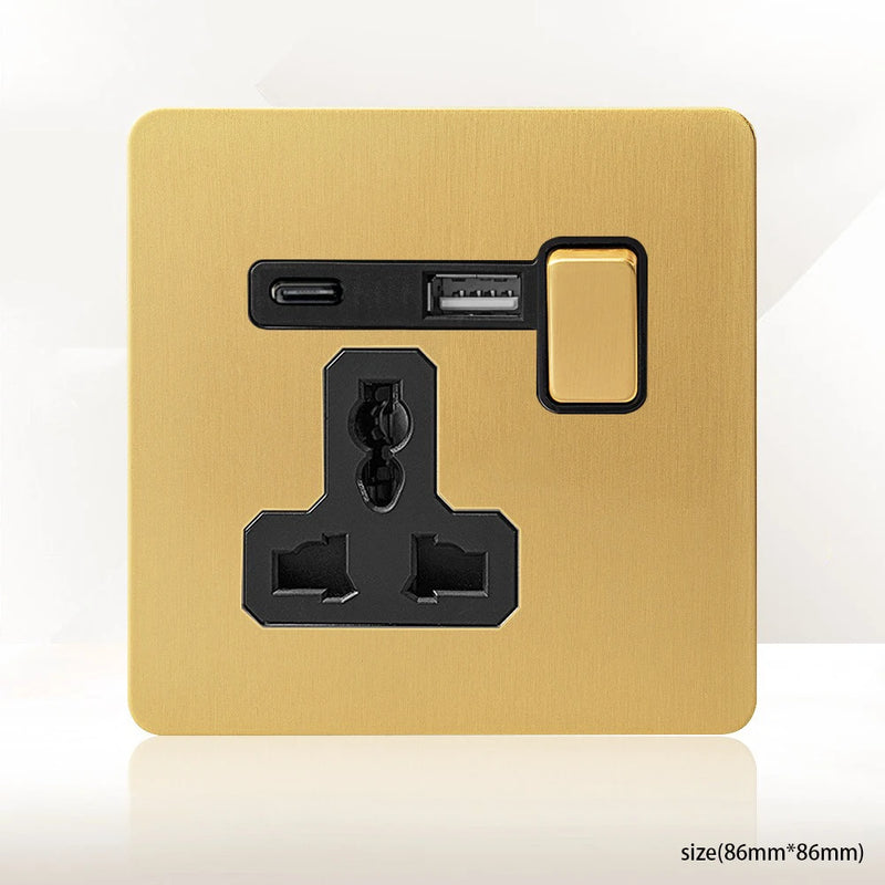 Gold Wall Light Toggle Switch Vintage Brass Lever Stainless Steel Panel,EU FR Universal USB C Socket 1-4 Gang 2Way Switch TV