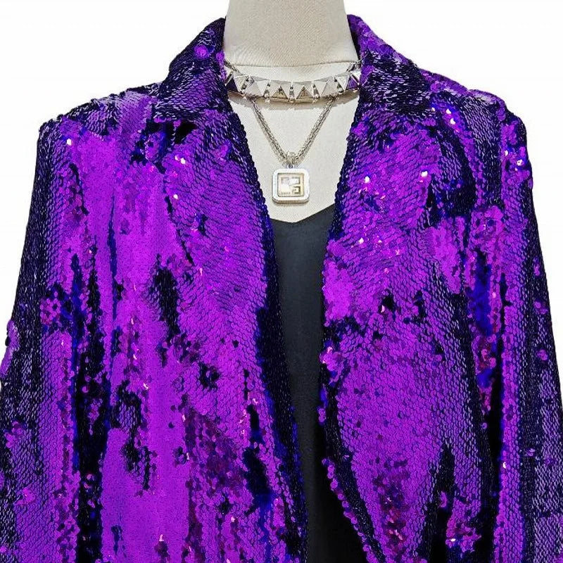 Women's Purple Cardigan with Circular Sequin Embellishments, Perfect for Nightclubs, Weddings, Parties, and Stage Performances.