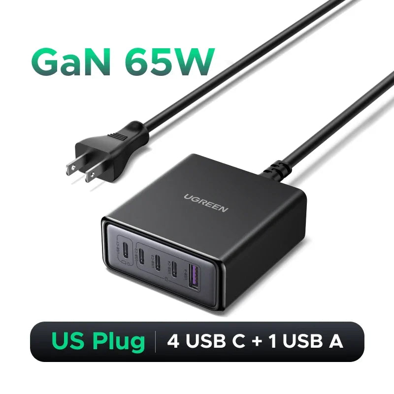 UGREEN 65W GaN Charger 5 IN 1 Desktop Charging Station PPS QC4.0 PD3.0 For iPhone 18 17 16 Pro Xiaomi Samsung Tablet Macbook Air