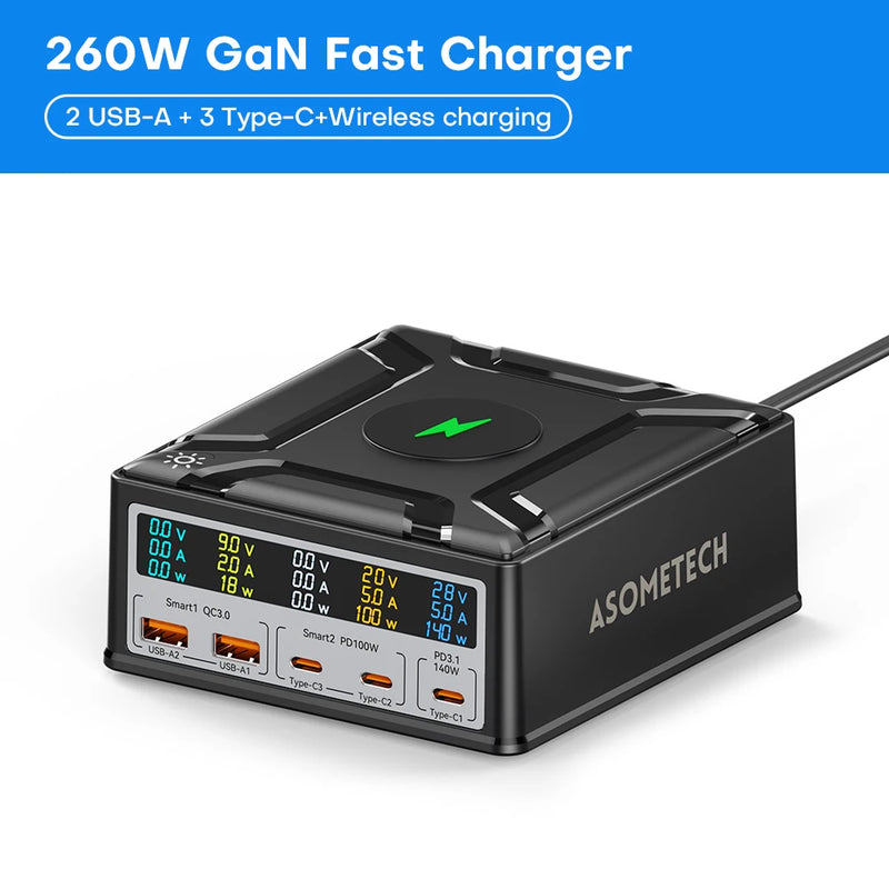 ឆ្នាំងសាក GaN 260W ប្រភេទ C PD3.1 ឆ្នាំងសាកលឿនសម្រាប់ Macbook ថេប្លេត PPS Quick Charge 3.0 សម្រាប់ iPhone 14 13 ឆ្នាំងសាកទូរស័ព្ទ Xiaomi Samsung
