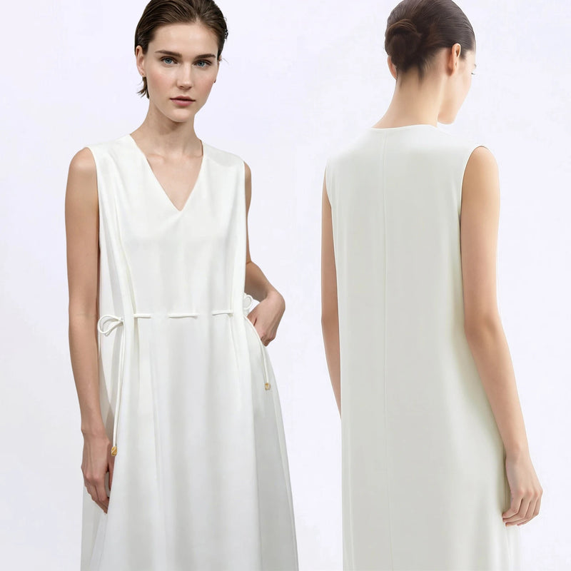 Amii V Neck Women's Dress 2026 Summer New Sleeveless Loose Drawstring Simple Office Casual A-Line Midi Dress For Women 12642155