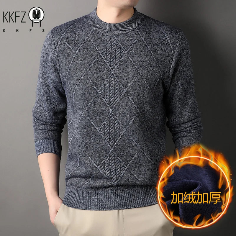 Stretch Crew Neck Male Knitted Pullover Embossed Diamond Pattern Fleece Lined Cold Proof Casual Long Sleeve Top