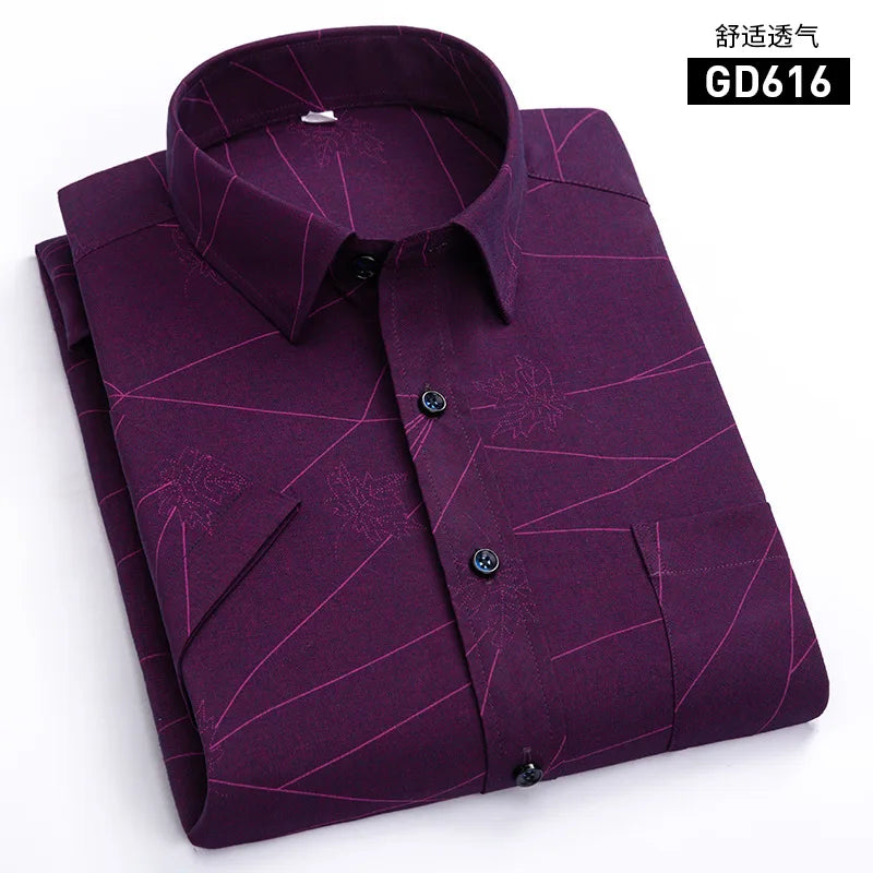Men's Light Green Short-sleeve Printed Shirt; New Summer Style Purple Single-breasted Lapel Shirt; Asian Sizes,White, Blue, Red.