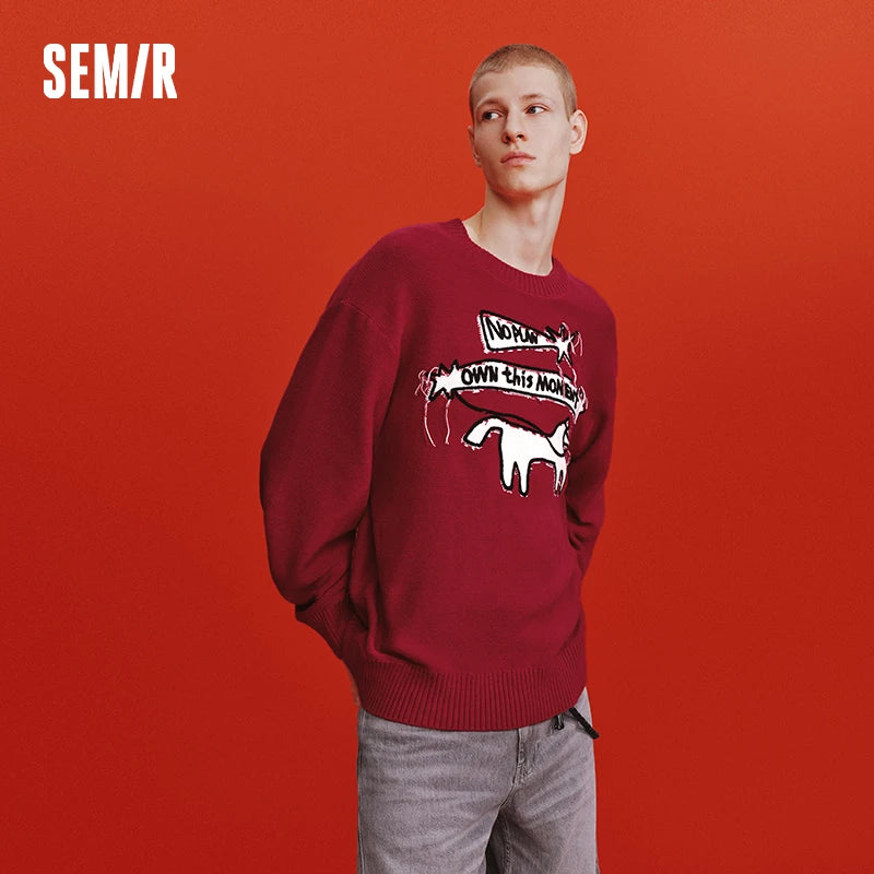 Semir Red Sweater Men 2026 Spring Loose Crew Neck Letter Jacquard Tassel Casual Comfortable Fashion Knitwear Daily Top