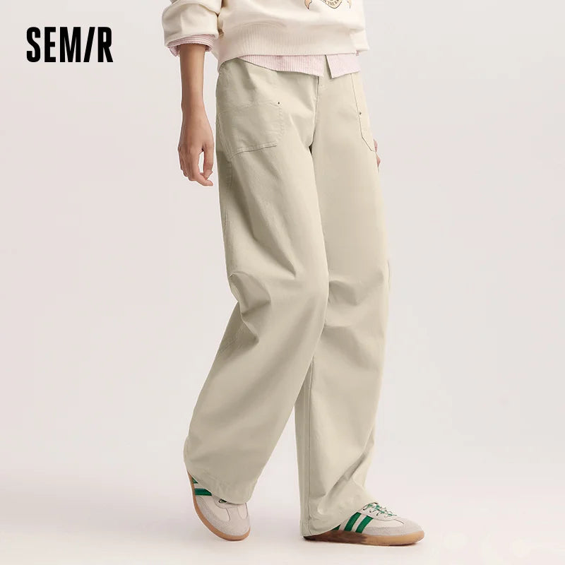 Semir Cargo Pants Women Spring Half Elastic Waist Outdoor Street Style Trendy Wide Leg Casual Versatile Fashion Trousers
