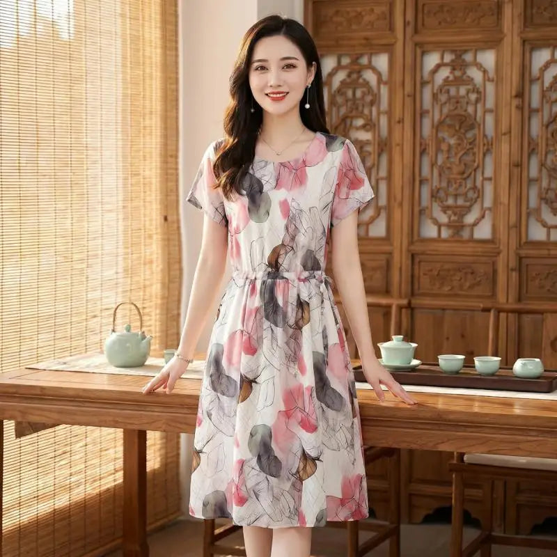 រ៉ូបផ្ការដូវក្តៅ O-Neck Midi រ៉ូបសម្រាប់នារីទាន់សម័យ ឈុតឆ្នេរខ្សាច់បែបសាមញ្ញ រ៉ូប Bodycon សម្រាប់ពិធីជប់លៀង និងពិធីជប់លៀង