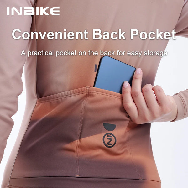 INBIKE Winter Long Fleece Cycle Jersey Set for Women Slim Thermal Long Sleeve Top Elastic Bib Pants Mountain Road Bike Clothing