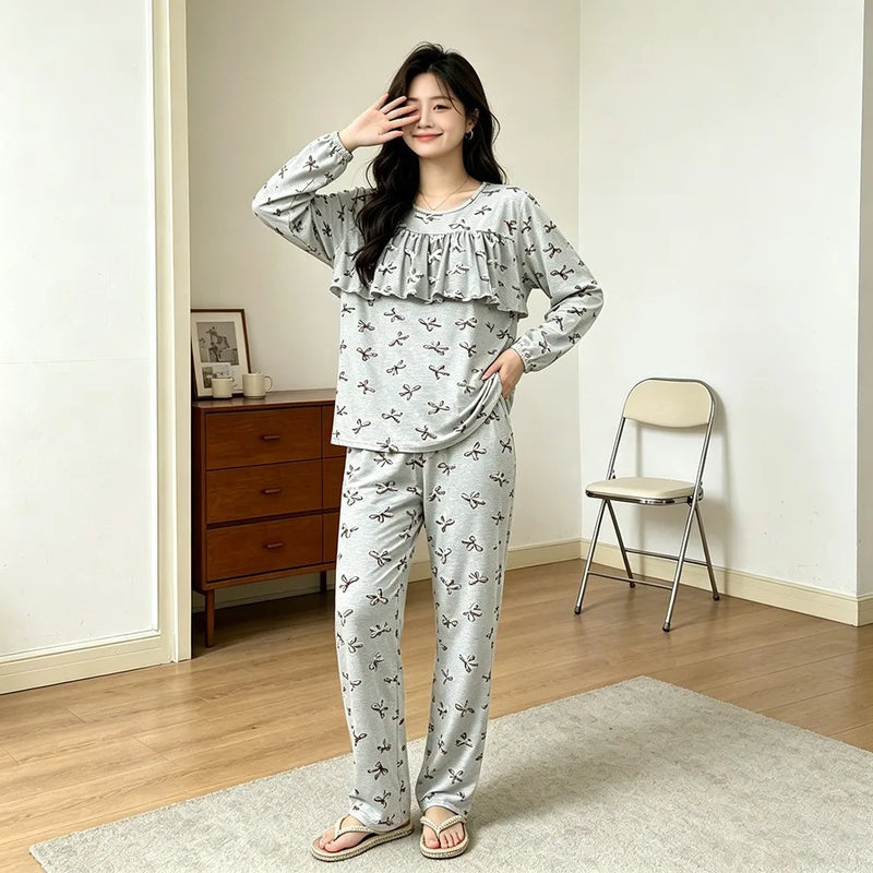 Floral Women's Sleepwear Sets Woman 2 Piece Home Wear Spring Autumn Long Sleeve Pyjama Femme Loungewear Ladies Homewear Pijama